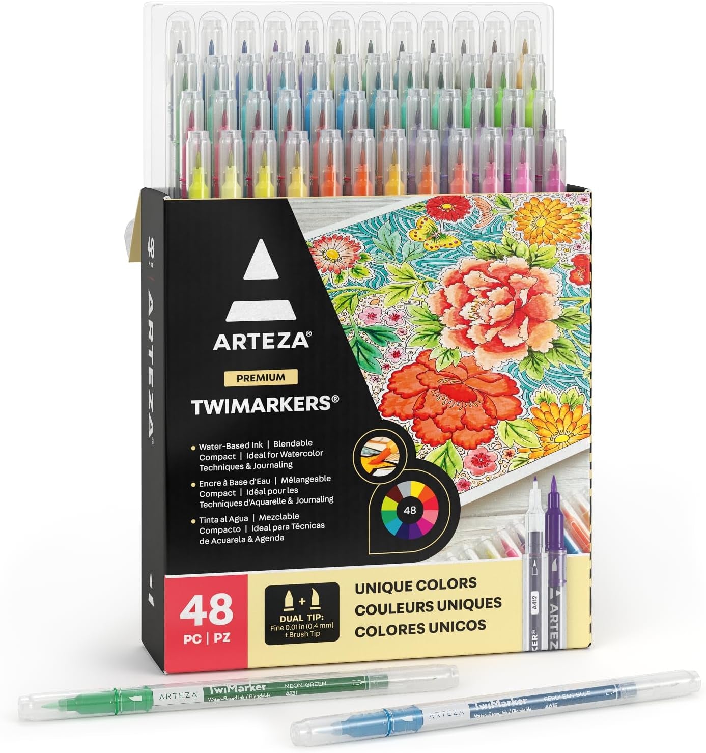 Dual Tip Brush Markers – Set of 48 Pens with Fine and Brush Tips, Water-Based Ink for Coloring, Sketching, Lettering & Journaling