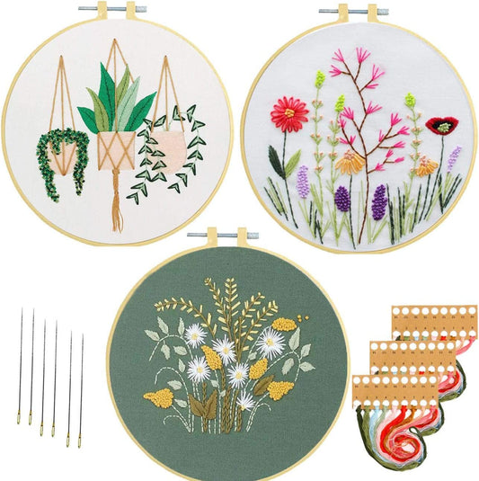 3 Pack Embroidery Kits for Beginners Starters Cross Stitch Kits with Pattern for Adults Kids Craft Stamped Cloth 3 Hoops Threads Needles