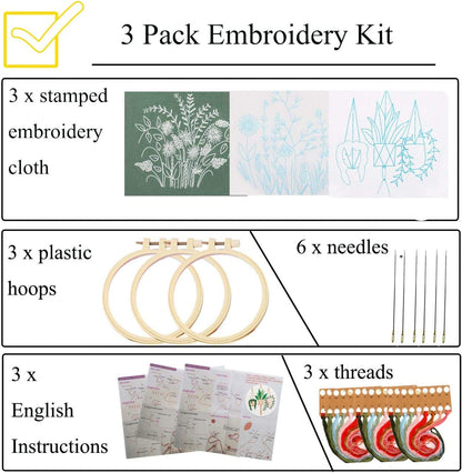 3 Pack Embroidery Kits for Beginners Starters Cross Stitch Kits with Pattern for Adults Kids Craft Stamped Cloth 3 Hoops Threads Needles