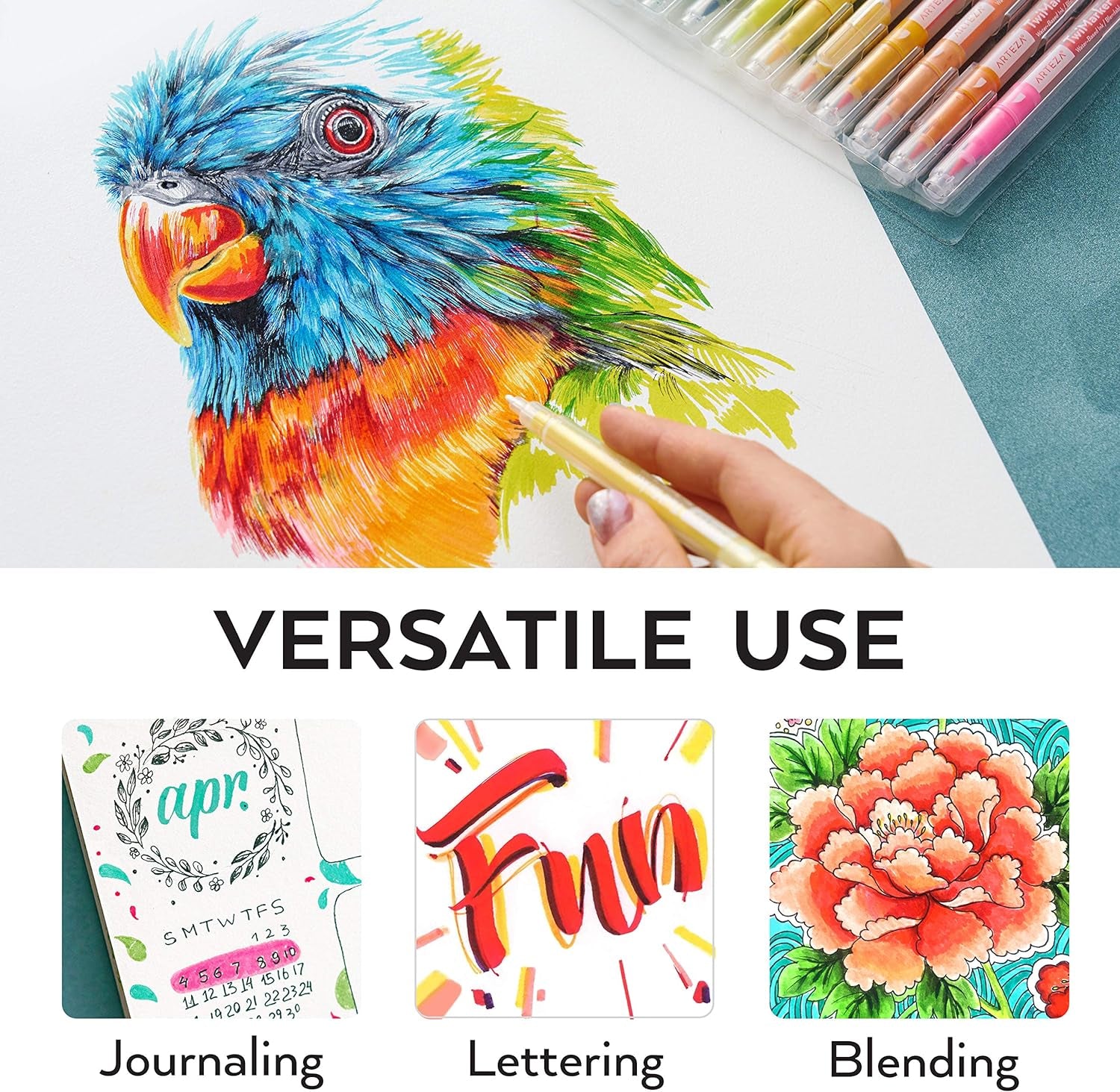 Dual Tip Brush Markers – Set of 48 Pens with Fine and Brush Tips, Water-Based Ink for Coloring, Sketching, Lettering & Journaling