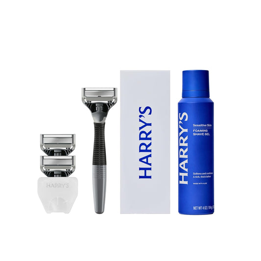 Shaving Kit for Men - Razor Handle, 3 Razor Blade Refills, Foaming Shave Gel, and Travel Blade Cover - Charcoal