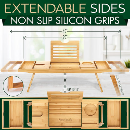 Bath Caddy Breakfast Tray Combo - Natural Bamboo Wood Waterproof Tub and Bed with Folding Slide-Out Arms, Device Grooves, Wine Glass Soap Holder