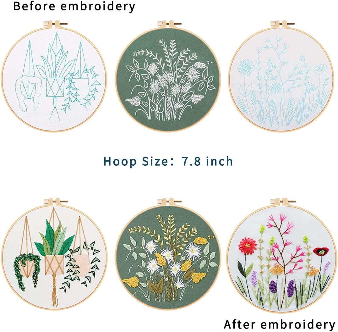 3 Pack Embroidery Kits for Beginners Starters Cross Stitch Kits with Pattern for Adults Kids Craft Stamped Cloth 3 Hoops Threads Needles