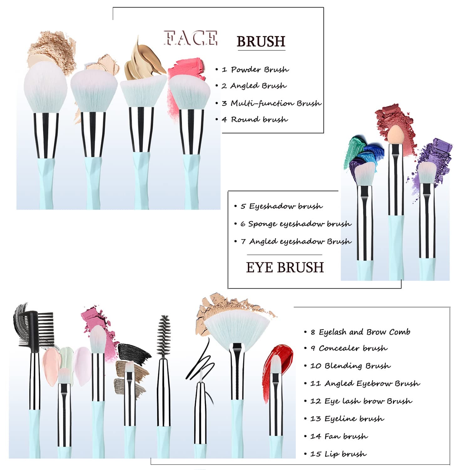 Pink Blue Gradient Makeup Brushes and Makeup Sponges Set 18Pcs/Set ，Soft Synthetic Fiber Makeup Brush Set，Suitable for Beginners/Makeup Artists, Valentine'S Day, Christmas Gifts