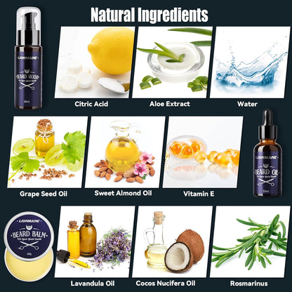Beard Care Kit for Men, Dad Father’S Day Gifts, Beard Mustache Grooming Kit-Beard Balm, Beard Wash, Beard Oil, Brush, Scissors, Birthday Anniversary Daily Gifts for Husband/Boyfriend/Him
