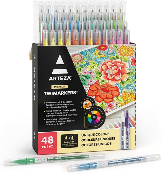 Dual Tip Brush Markers – Set of 48 Pens with Fine and Brush Tips, Water-Based Ink for Coloring, Sketching, Lettering & Journaling