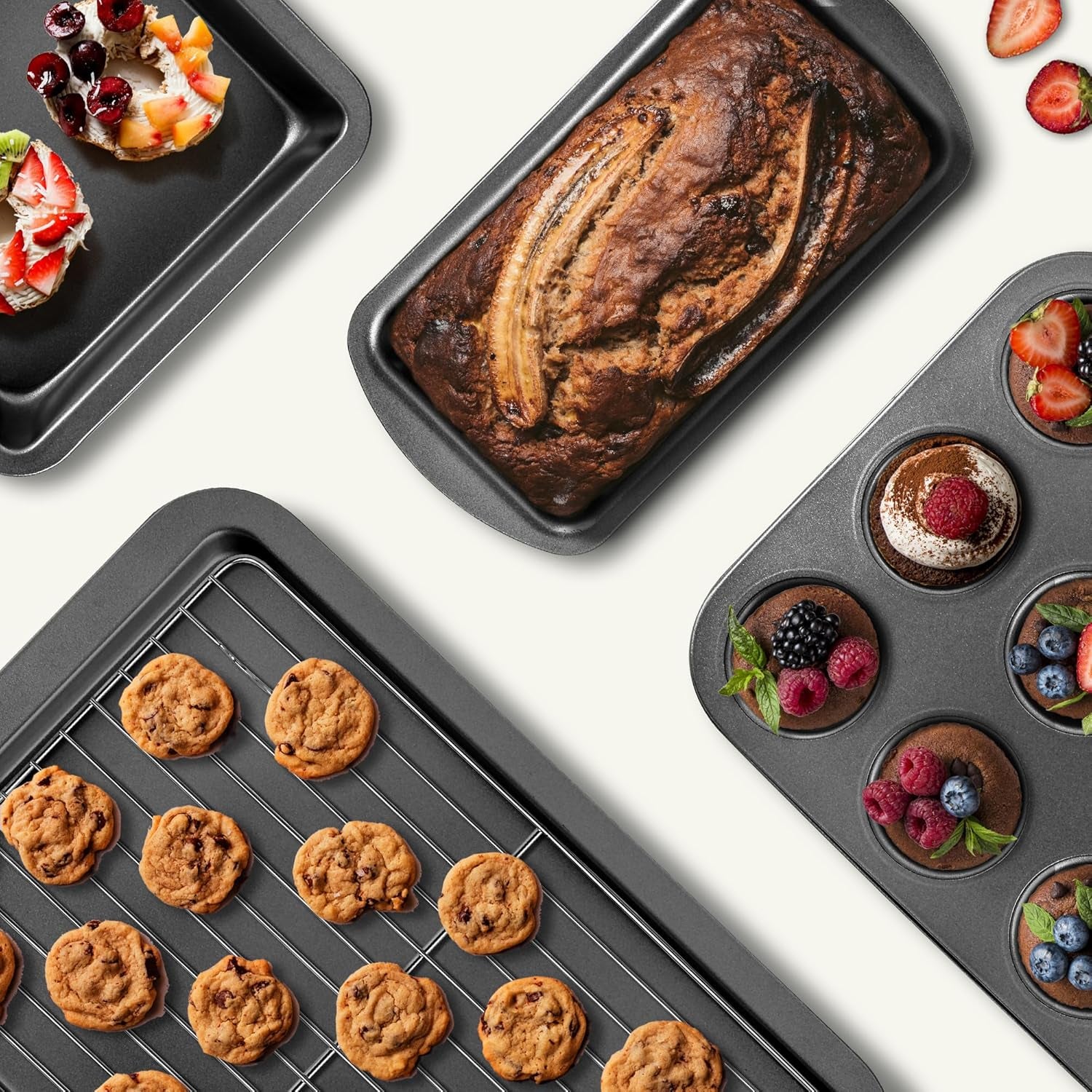 Baking Pans Sets, Nonstick Bakeware Sets 7-Piece with Round/Square Cake Pan, Loaf Pan, Muffin Pan, Cookie Sheet, Roast Pan, Cooling Rack, Carbon Steel Bake Set